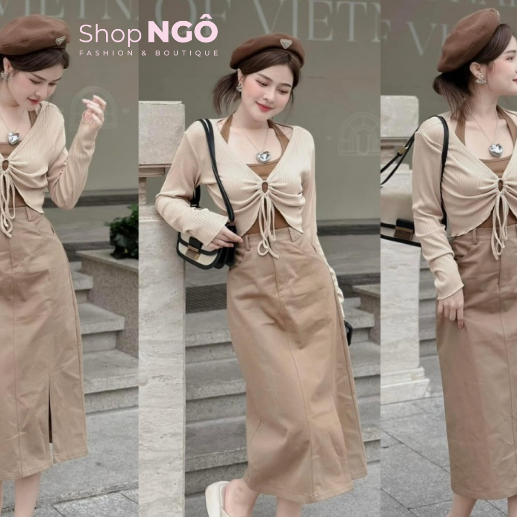 Set váy kaki 3 món gồm Áo khoác ngoài dáng croptop cột dây kèm áo kiểu dây yếm mix chân váy dài xẻ - SHOPNGÔ FASHION