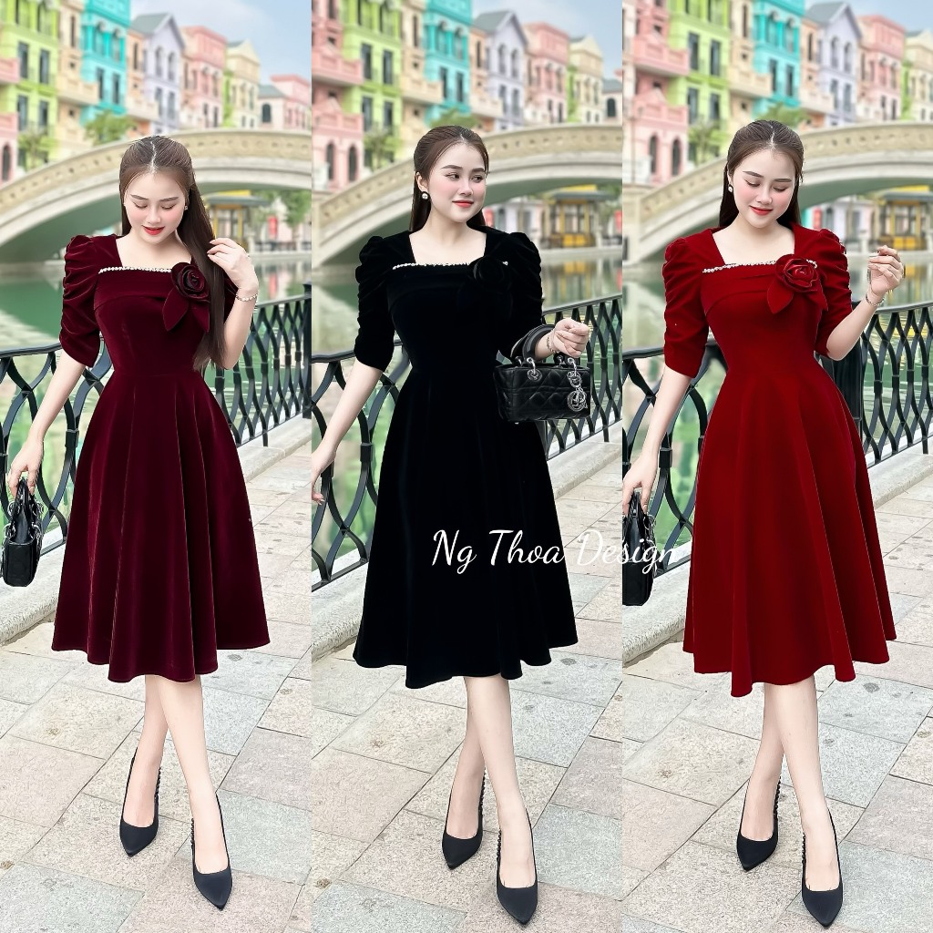 Váy nhung cổ vuông dá hoa ngực công sở dự tiệc nữ dáng xòe trang tríb hoa trẻ trung, đầm thiết kế MQ Boutique cao cấp