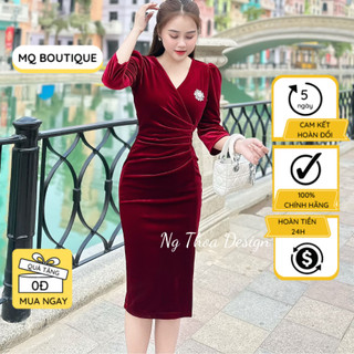 Váy nhung cổ V dáng ôm nữ dự tiệc công sở tay lỡ bồng vai rúm eo sẻ trước, đầm V thiết kế MQ Boutique cao cấp