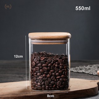 Hũ thủy tinh dáng vuông nắp gỗ kín khít đựng gia vị, thực phẩm dung tích 550ml