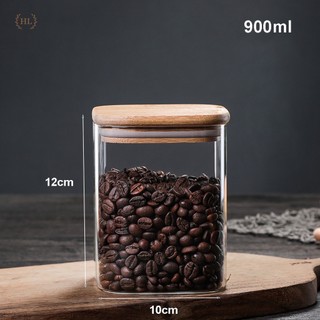 Hũ thủy tinh dáng vuông nắp gỗ kín khít đựng gia vị, thực phẩm dung tích 900ml