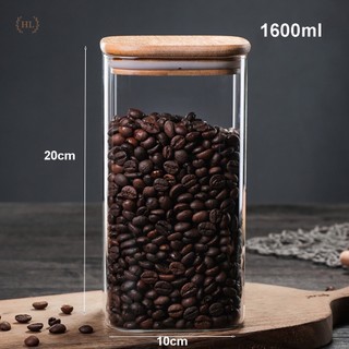 Hũ thủy tinh dáng vuông nắp gỗ kín khít đựng gia vị, thực phẩm dung tích 1600ml