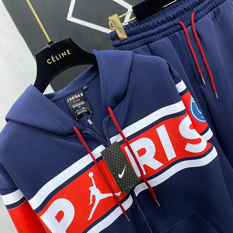 Bộ đồ nam thể thao dài tay thu đông áo mũ hoodie in vạch chữ Paris sọc đỏ thêu logo vải nỉ da cá BD28P