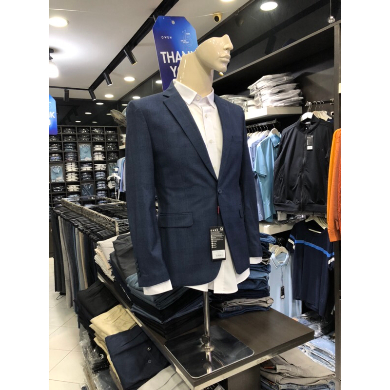 Áo blazer owen màu kẻ caro xanh đậm slim fit vải poly cao cấp BL231705