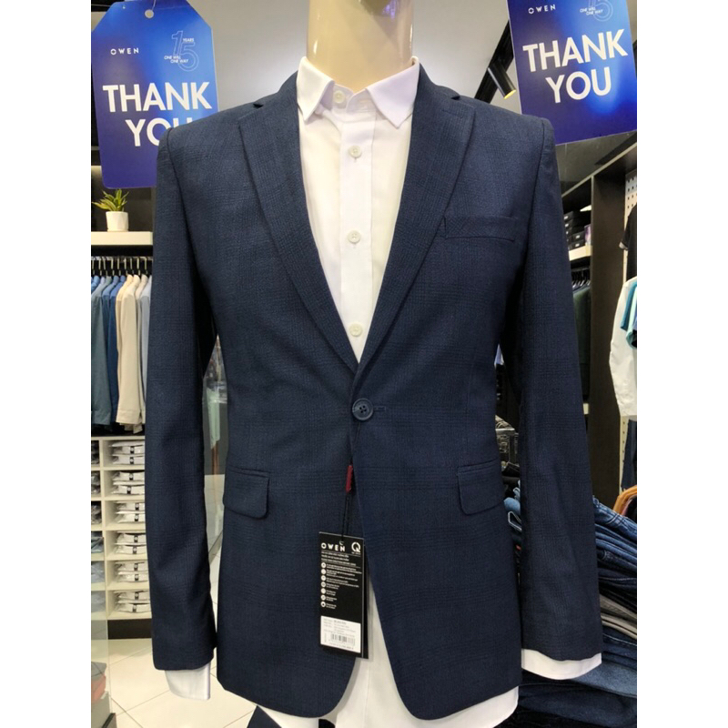 Áo blazer owen màu kẻ caro xanh đậm slim fit vải poly cao cấp BL231705