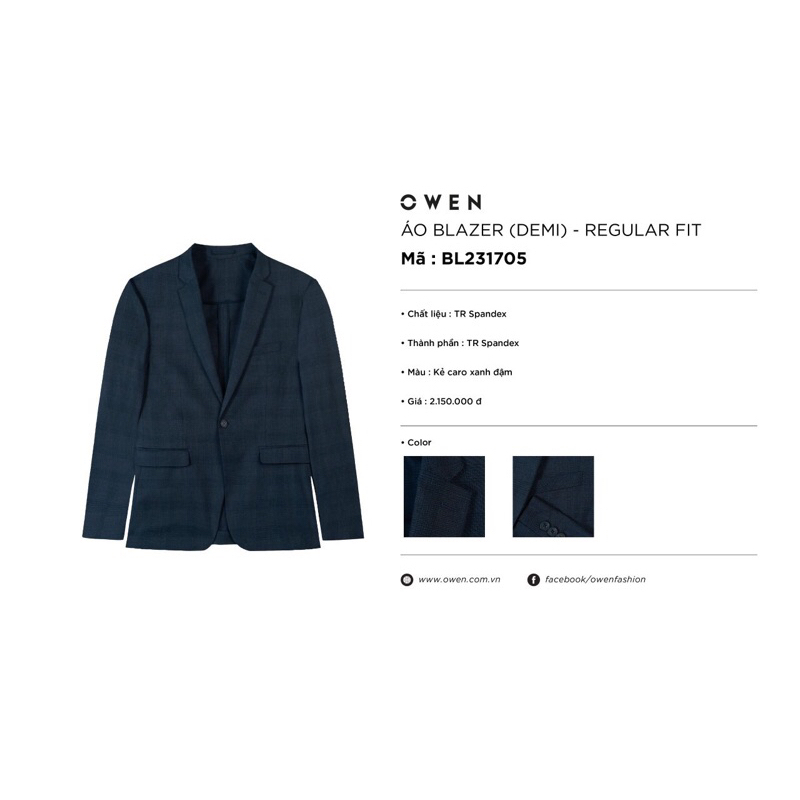 Áo blazer owen màu kẻ caro xanh đậm slim fit vải poly cao cấp BL231705
