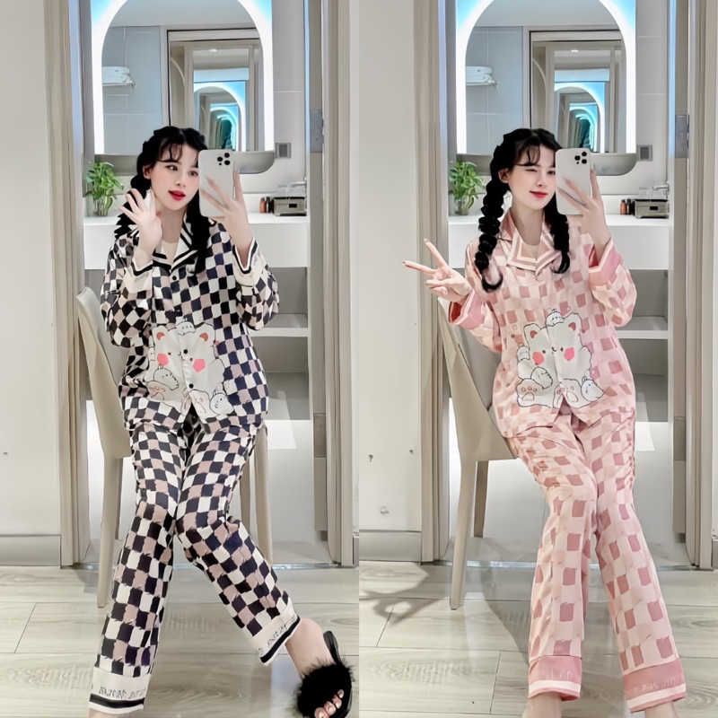 Bộ Lụa Xước Thiết Kế Gấu Caro Tay Dài