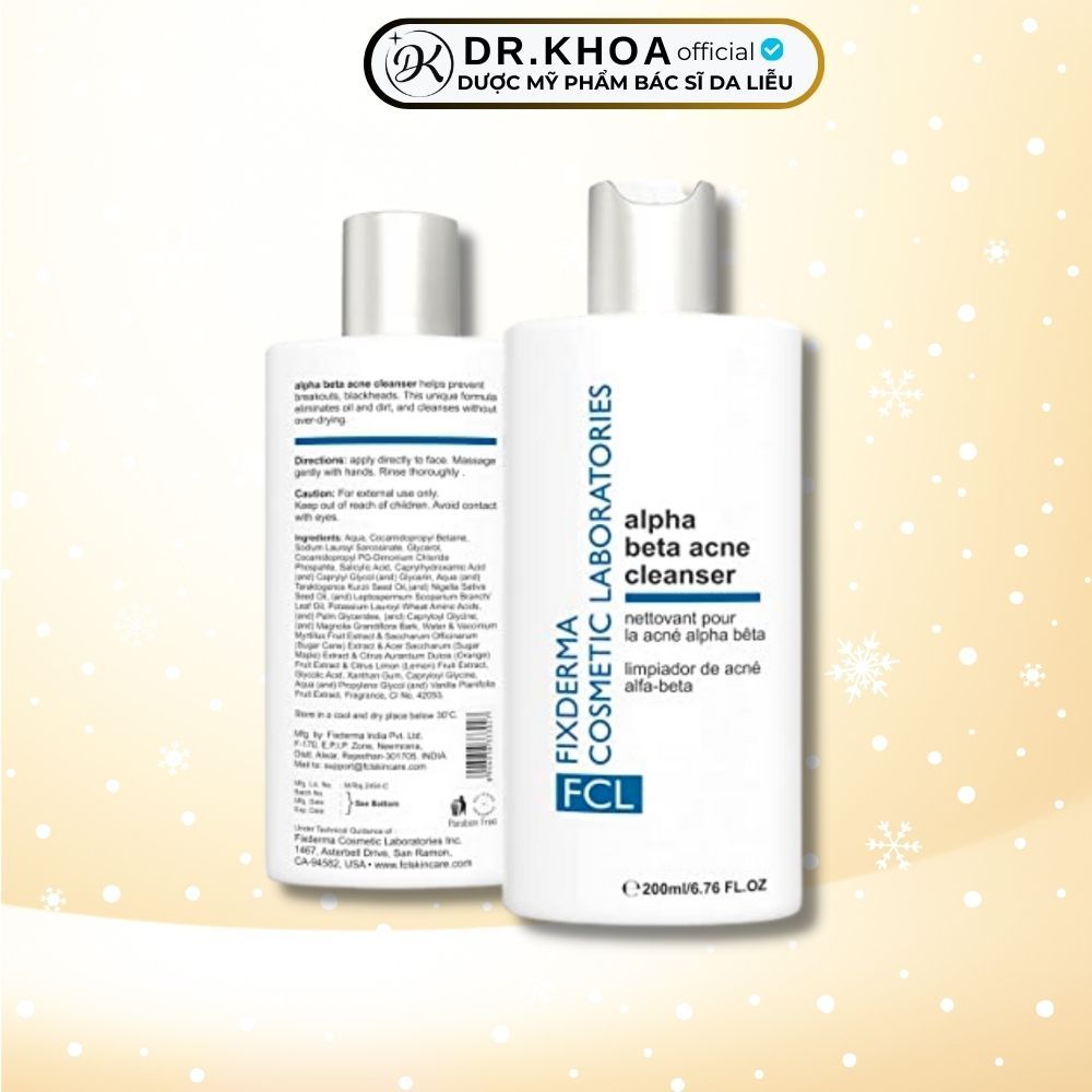 Sữa rửa mặt da dầu mụn Fixderma FCL Alpha Beta Acne Cleanser 200ml thông thoáng lỗ chân lông và kiểm soát dầu thừa