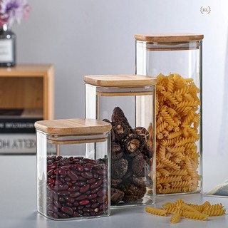 Lọ thủy tinh/ Hũ thủy tinh dáng vuông nắp gỗ đựng gia vị, thực phẩm đủ các dung tích