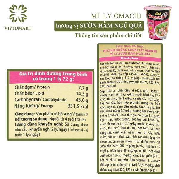- MASAN - Mì ly OMACHI KHÔNG THỊT 3 hương vị: Xốt/Sốt Bò Hầm, Sườn Hầm Ngũ Quả, Tôm Chua Cay -