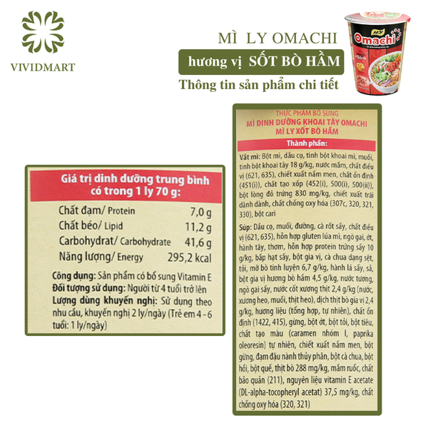 - MASAN - Mì ly OMACHI KHÔNG THỊT 3 hương vị: Xốt/Sốt Bò Hầm, Sườn Hầm Ngũ Quả, Tôm Chua Cay -