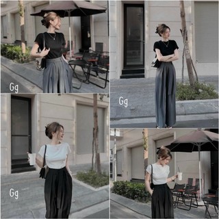  SET ĐỒ NỮ QUẦN TÂY ỐNG RỘNG LƯNG CAO THẮT NƠ < ÁO THUN CỔ TRÒN TAY NGẮN 