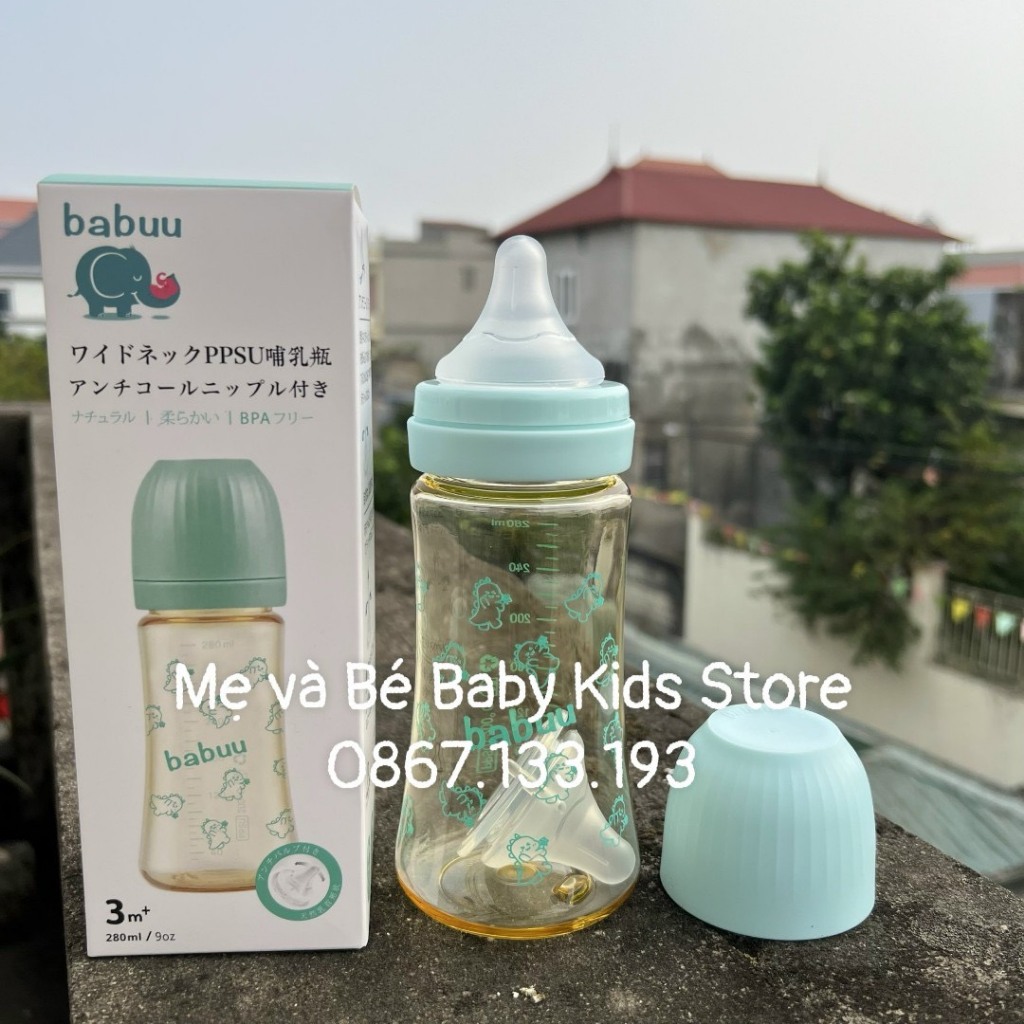 Bình sữa Babuu baby Cổ rộng PPSU Núm ti siêu mềm thế hệ mới dung tích 90ml, 180ml, 280ml