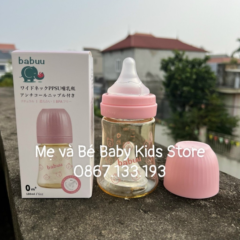 Bình sữa Babuu baby Cổ rộng PPSU Núm ti siêu mềm thế hệ mới dung tích 90ml, 180ml, 280ml