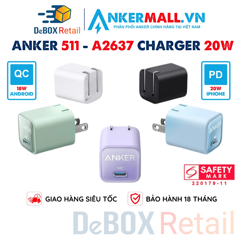 Củ sạc nhanh ANKER 511 A2637 Nano Pro 20W USB-C PiQ 3.0 hổ trợ PD/QC 3.0 siêu nhỏ gọn - Chính hãng