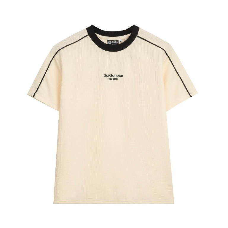 Áo Thun Waffle SAIGONESE Phông Unisex Hình Thêu Phối Sọc Vai Form Rộng  Nam Nữ / Kem