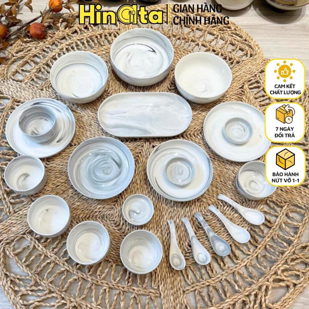 Bán lẻ bộ bát đĩa gốm sứ cẩm thạch vân đá HINATA bộ chén dĩa chén ăn cơm đĩa sứ bát tô sử dụng cho lò nướng, máy rửa bát