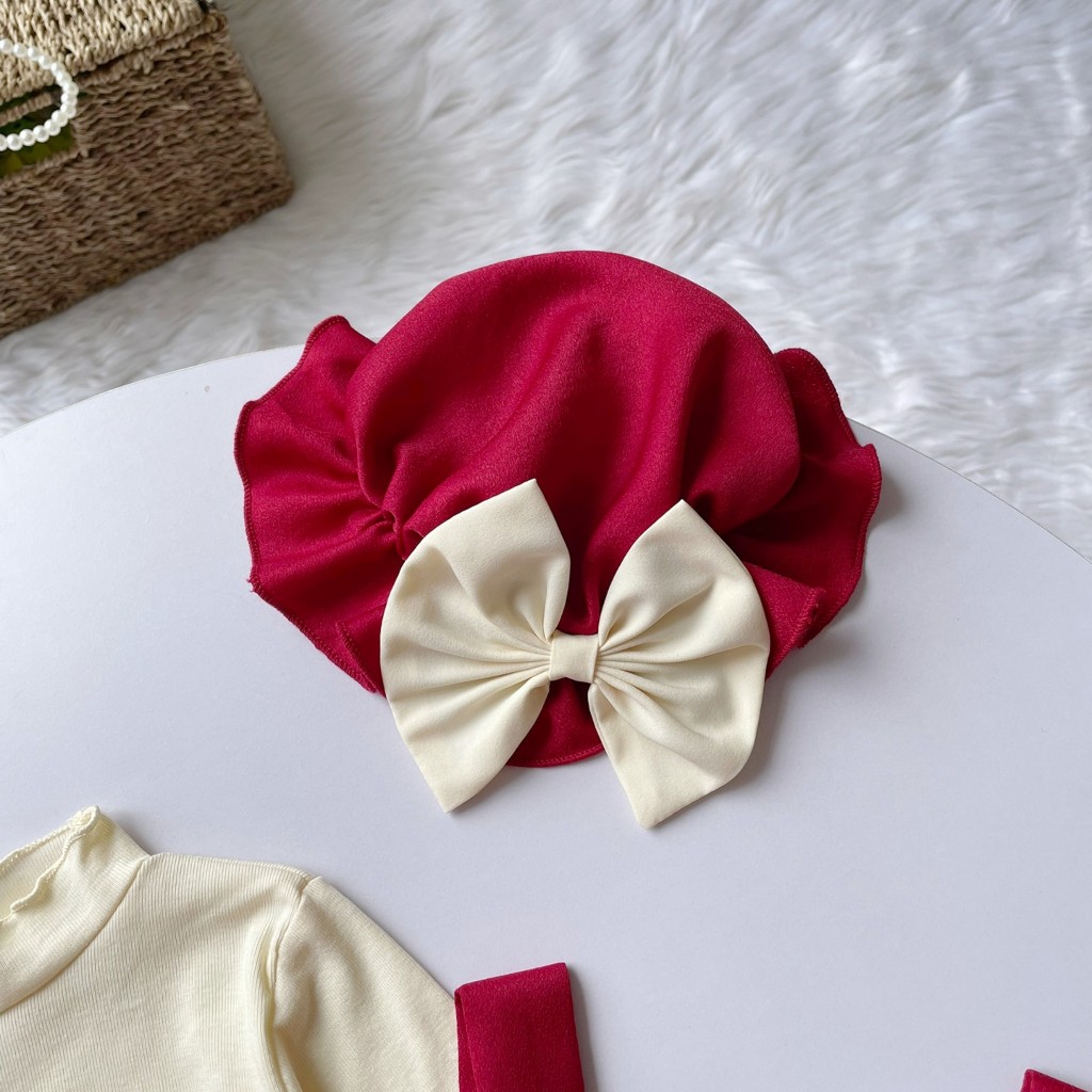 Set body yếm cho bé gái sơ sinh RIOKIDS, quần áo đầy tháng, thôi nôi nơ đỏ cho bé đi chơi Lễ Tết BD154