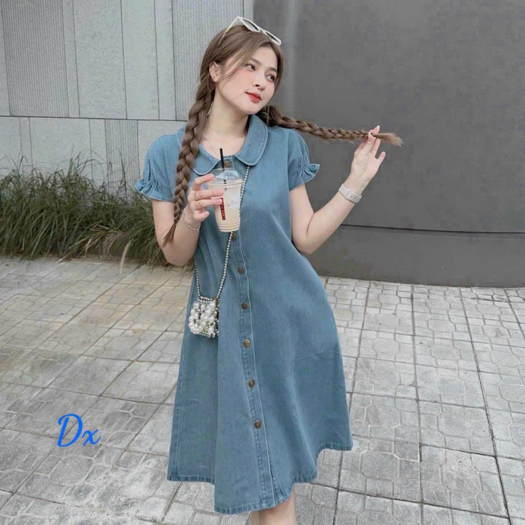 Đầm suông cổ sơ mi tay ngắn chất liệu jean dày dặn kiểu đầm đi chơi dạo phố dự tiệc VD17