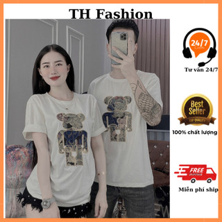 áo thun cổ tròn thêu hình gâu to trước ngực 2 màu trắng và đen nam nữ đều mặc được