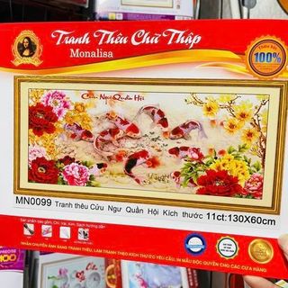 tranh thêu chữ thập cá chép hoa mẫu đơn cửu ngư quần hội kt 130x60cm