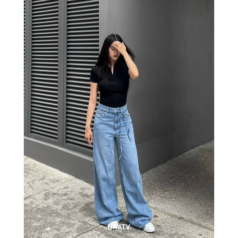 Quần jeans suông dài wax màu mới kèm dây URATV