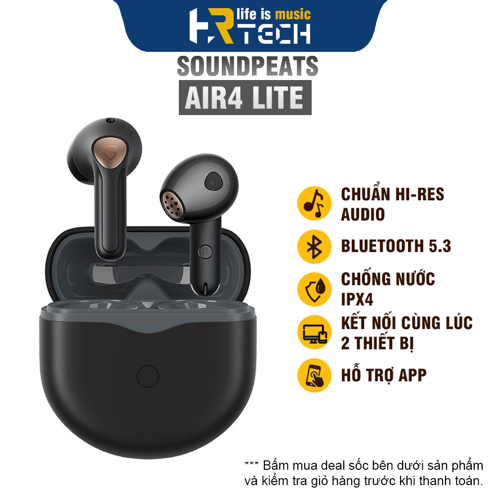 Tai Nghe Không Dây True Wireless Soundpeats Air4 Lite Bluetooth 5.3 Low Latency HiRes Audio LDAC Pin 30h