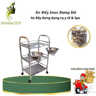 Xe đẩy inox 3 tầng có 2 bát nước, xe đẩy inox đựng dụng cụ spa, thẩm mỹ phun xăm chính hãng.