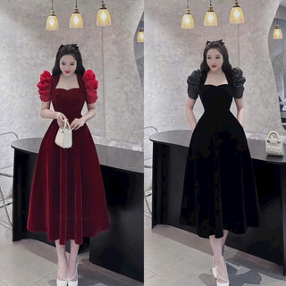 Đầm xòe dự tiệc tay phồng cách điệu hai màu đầm đỏ đen vải nhung cứng dày dặn VD20