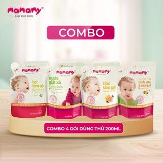 Combo bộ 4 túi dùng thử 200ml Mamamy: nước giặt xả 200ml, bọt tắm gội 200ml, dầu tắm gội 200ml, nước rửa bình 200ml