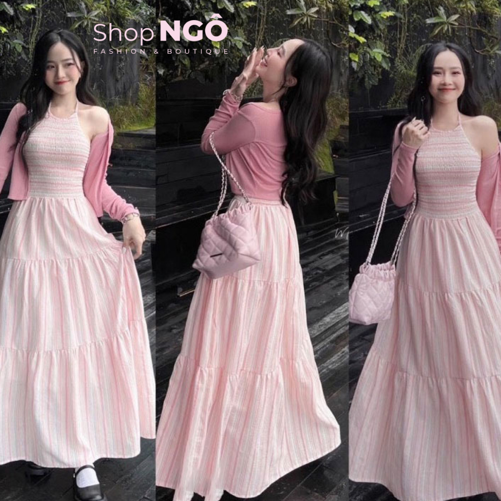 Đầm váy maxi cổ yếm mocking dáng dài kèm khoác ngoài màu hồng, xanh đi biển siêu xinh - SHOPNGÔ FASHION