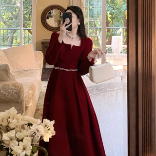 [JAN FASHION - V110] Váy nhung đỏ dài tay, ren eo hot trend, diện tết, diện đi chơi siêu xinh