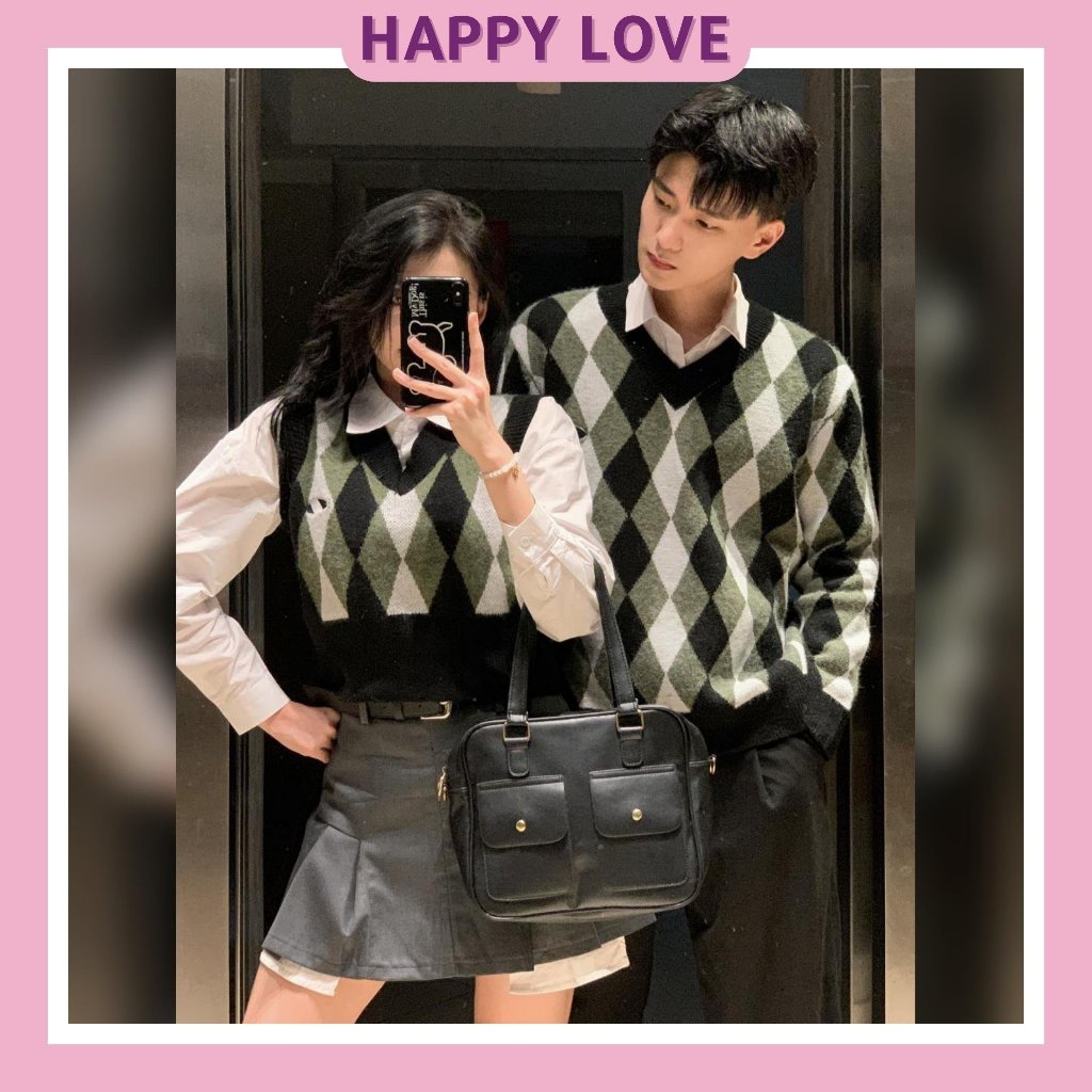 Đồ đôi nam nữ thu đông HAPPYLOVE set couple áo len nam gile nữ hoạ tiết hình thoi mix sơ mi trắng cho cặp đôi TL29