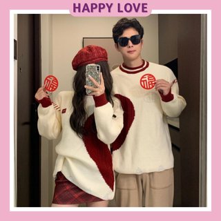 Áo len đôi nam nữ unisex cổ tròn dài tay hàn quốc HAPPYLOVE hình nửa trái tim màu đỏ thời trang cho cặp đôi H152