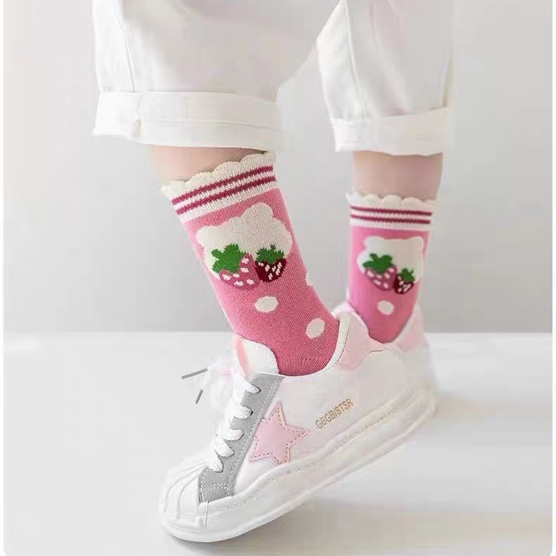 Set 5 Đôi Tất/ Vớ Cho Bé Gái Mặt Gấu Hồng Dâu Tây Siêu Xinh Chất Cotton Mềm Mại TGH5