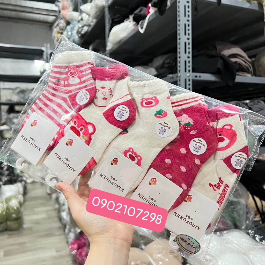 Set 5 Đôi Tất/ Vớ Cho Bé Gái Mặt Gấu Hồng Dâu Tây Siêu Xinh Chất Cotton Mềm Mại TGH5