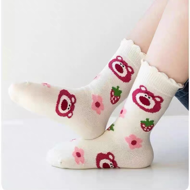 Set 5 Đôi Tất/ Vớ Cho Bé Gái Mặt Gấu Hồng Dâu Tây Siêu Xinh Chất Cotton Mềm Mại TGH5