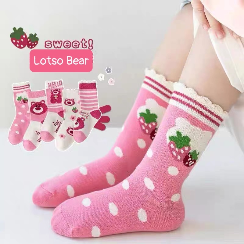 Set 5 Đôi Tất/ Vớ Cho Bé Gái Mặt Gấu Hồng Dâu Tây Siêu Xinh Chất Cotton Mềm Mại TGH5