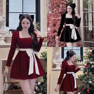 Đầm nhung phối nơ rời tay dài cổ vuông dáng xòe mini xinh xắn dễ thương DX