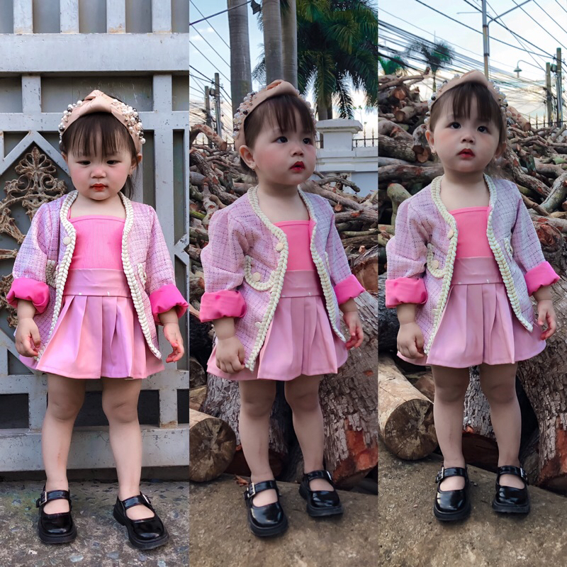 (Hàng có sẵn) Set bộ 3 chi tiết gồm áo khoác dạ tweet hồng, chân váy da xoè và áo 2s cho bé gái