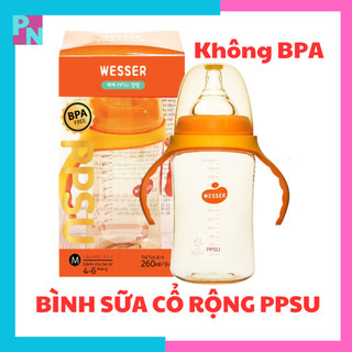 Bình sữa Wesser cổ rộng 180ml - 260ml PPSU với núm vú siêu mềm, chống sặc, chống đầy hơi,chống tắc cho bé