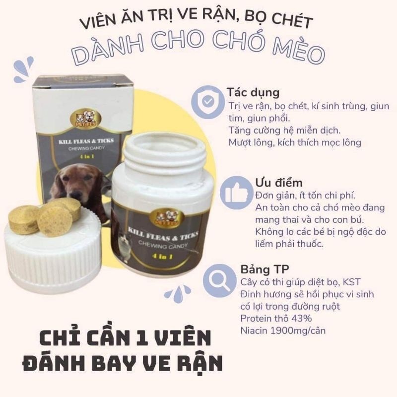 1 Viên Ăn Sạch Hết Ve Rận Bọ Chét Chó Mèo Sạch sẽ- 1 Viên