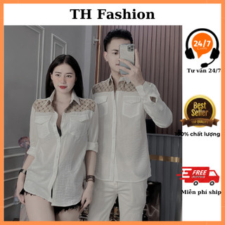 Áo sơ mi cặp đôi tay dài chất đũi mềm mịn phối thêu chữ B vàng