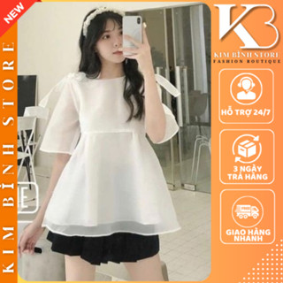 Áo babydoll voan 2 lớp nơ vai kiểu dáng hàn quốc cực dễ thương ulzzang , áo kiểu nữ , áo đẹp - Kim Bình Store