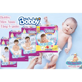 ( Cộng 6 miếng ) Bỉm Bobby dán size M76,L68,Xl62, Xxl56 mới nhất.