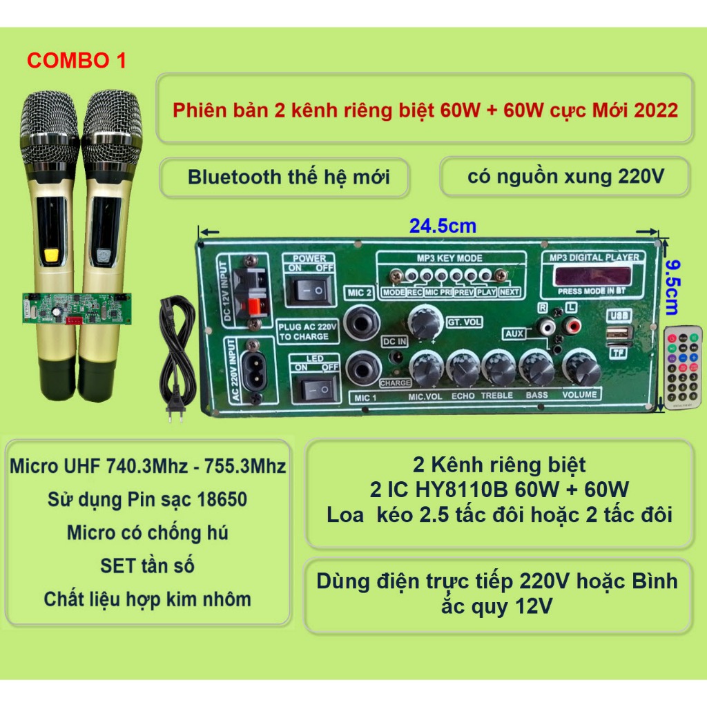 Mạch loa kéo 2 kênh riêng biệt 2 IC HY8110B 60W + 60W có nguồn xung 220V – Bluetooth thế hệ mới kèm micro đôi