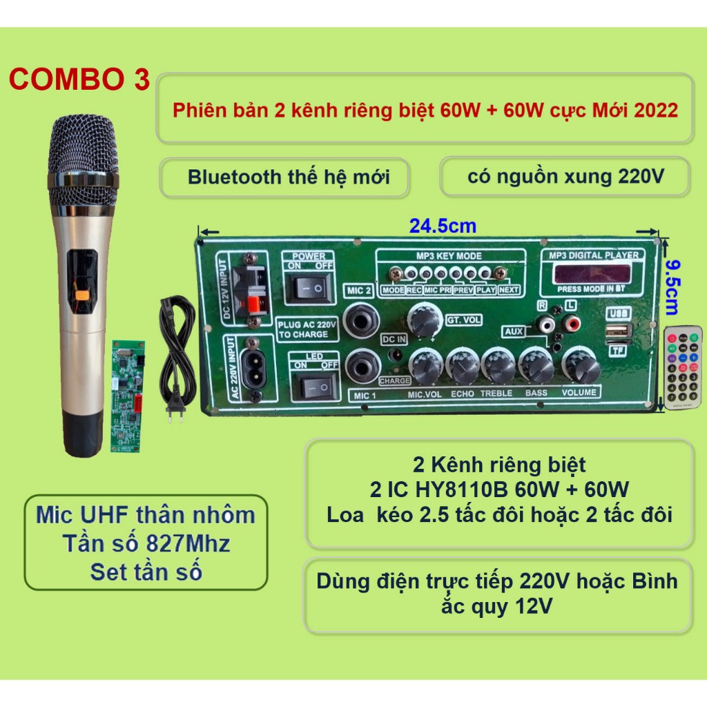 Mạch loa kéo 2 kênh riêng biệt 2 IC HY8110B 60W + 60W có nguồn xung 220V – Bluetooth thế hệ mới kèm micro đơn