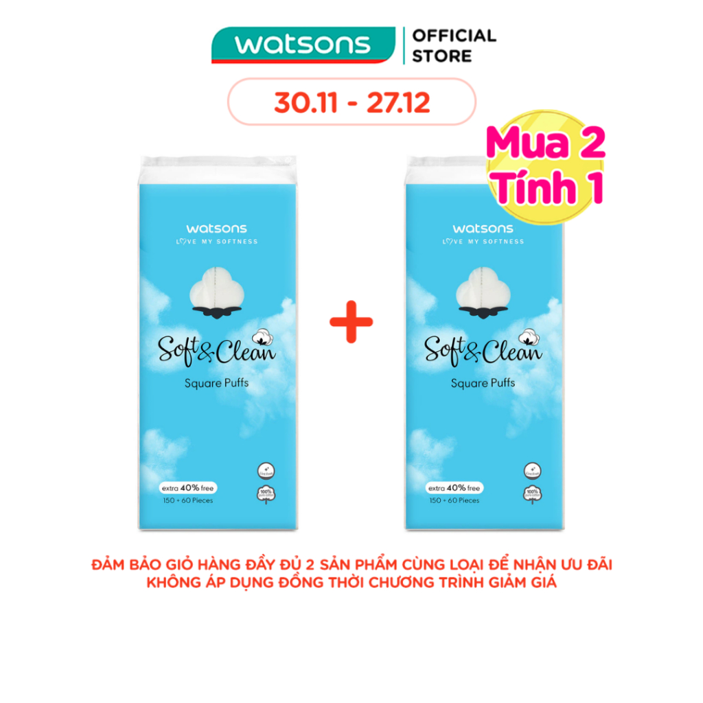 Bông Tẩy Trang Watsons Love My Softness Soft & Clean Square Puffs Free 40% Dạng Túi Mềm 150+60 Miếng