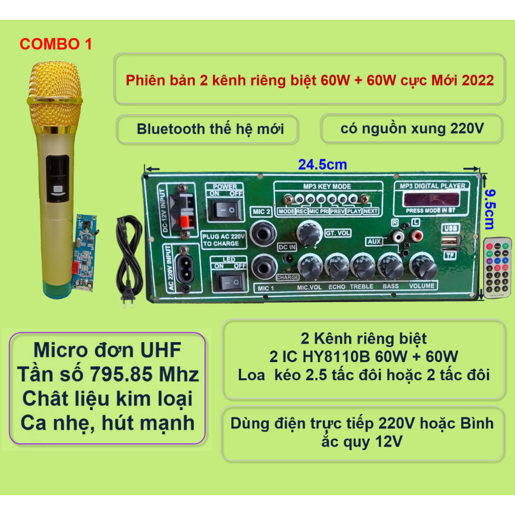 Mạch loa kéo 2 kênh riêng biệt 2 IC HY8110B 60W + 60W có nguồn xung 220V – Bluetooth thế hệ mới kèm micro đơn