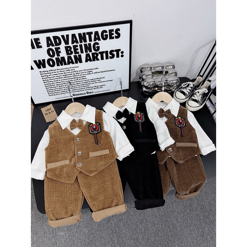 Sét bộ công tử vải nhung đẹp mềm ba chi tiết cho bé trai